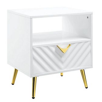 Tyra 22 Inch Wood End Table With Open Space, Wave Pattern, White, Gold