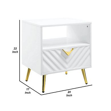 Tyra 22 Inch Wood End Table With Open Space, Wave Pattern, White, Gold