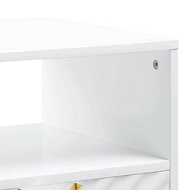 Tyra 22 Inch Wood End Table With Open Space, Wave Pattern, White, Gold