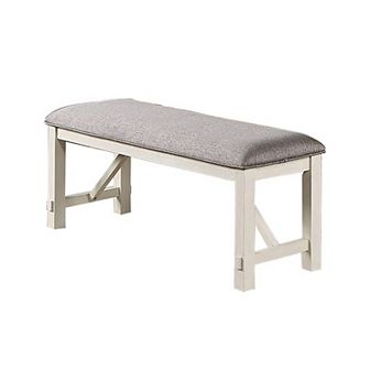 Lexi 50 Inch Dining Bench, Fabric Padded Seat, Rubberwood, Gray And White