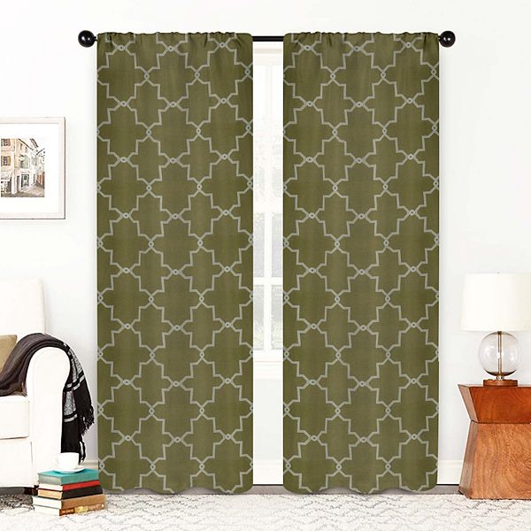 SUPERIOR Imperial Trellis Blackout Rod Pocket Curtain Set - Olive Green (26X63)