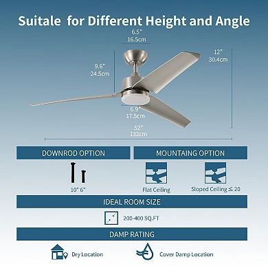 All Seasons 52" Ceiling Fan with Light, Quiet, Alexa/Google, 3 Color LED Lights, Reversible