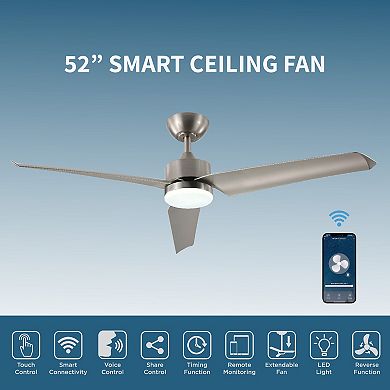 All Seasons 52" Ceiling Fan with Light, Quiet, Alexa/Google, 3 Color LED Lights, Reversible