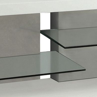 Charming White Tv Console With Alternating Glass Shelves