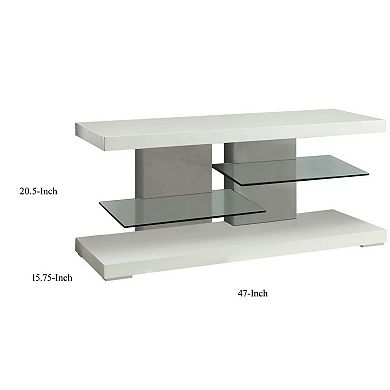 Charming White Tv Console With Alternating Glass Shelves