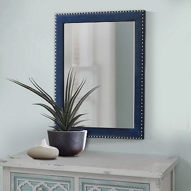Cale 40 Inch Modern Glam Portrait Mirror, Nailhead, Blue Velvet Upholstered
