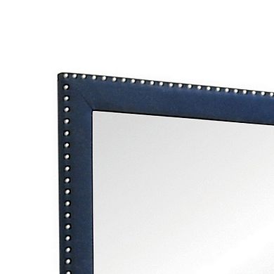 Cale 40 Inch Modern Glam Portrait Mirror, Nailhead, Blue Velvet Upholstered