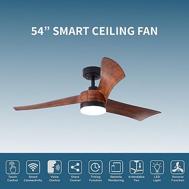 All Seasons 54 Ceiling Fan with Light, Quiet, Alexa Google, 3 Color LED Lights, Reversible,Remote