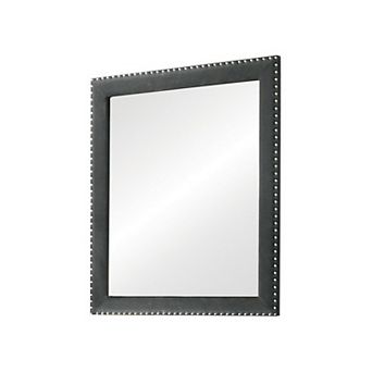 Cale 40 Inch Modern Portrait Mirror, Velvet Upholstery, Nailhead Trim, Gray