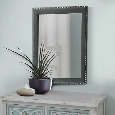 Cale 40 Inch Modern Portrait Mirror, Velvet Upholstery, Nailhead Trim, Gray