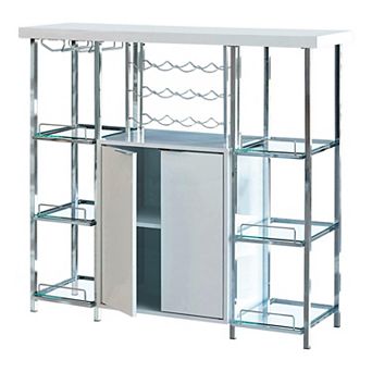6 Glass Shelf Metal Frame Bar Cabinet With Power Outlet, Clear And Chrome