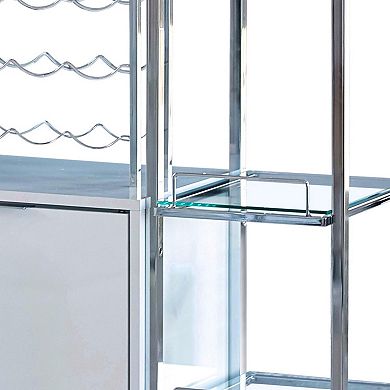 6 Glass Shelf Metal Frame Bar Cabinet With Power Outlet, Clear And Chrome