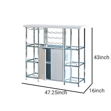 6 Glass Shelf Metal Frame Bar Cabinet With Power Outlet, Clear And Chrome