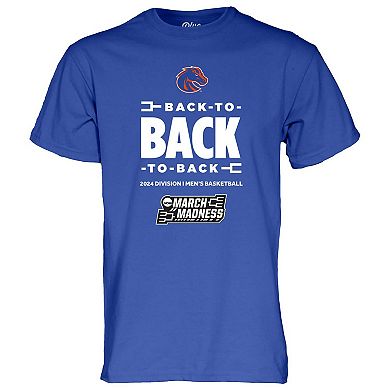 Men's Blue 84 Royal Boise State Broncos 2024 NCAA Men's Basketball Tournament March Madness Three-In-A-Row T-Shirt