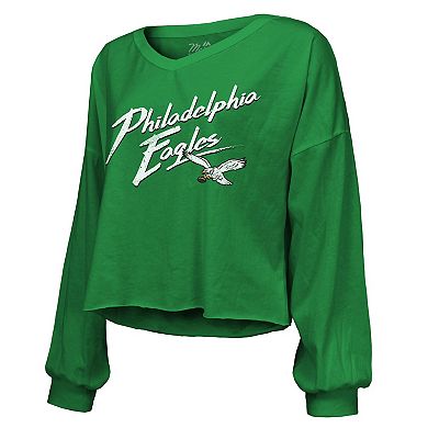 Women's Majestic Threads Saquon Barkley Kelly Green Philadelphia Eagles Name & Number Off-Shoulder Script Cropped Long Sleeve V-Neck T-Shirt