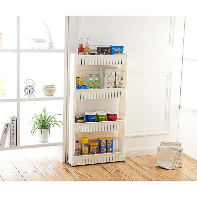 Slim Storage Cabinet Organizer 4 Shelf Rolling Pull Out Cart Rack Tower With Wheels