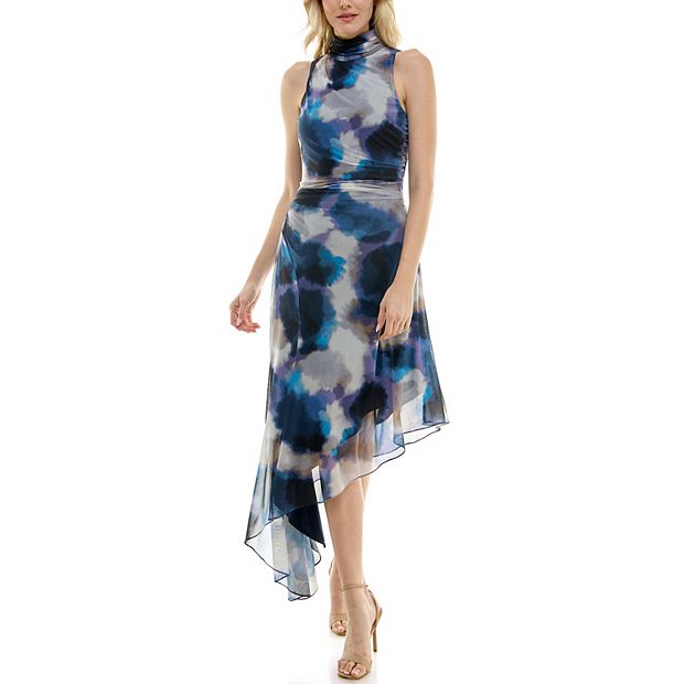 navy blue dress for baby girl Zeylah Solid Mock Neck Ruffle Trim Asymmetrical Hem Belted Dress main image 1