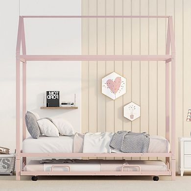 Twin Size Kids House Bed With Trundle, Metal House Bed