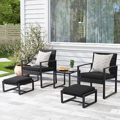 5 Pieces Outdoor Patio Conversation Bistro Set with 2 Armchairs, 2 Ottomans and 1 Coffee Table