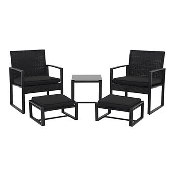 5 pc Outdoor Patio Conversation Bistro Set with 2 Armchairs, 2 Ottomans and 1 Coffee Table