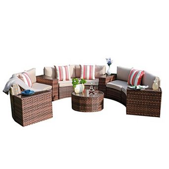 11 pc Half Moon Patio Furniture Brown Wicker Sofa Beige Cushions With 4 Side Table And 4 Pillows