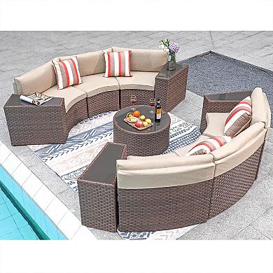 11 Piece Half Moon Patio Furniture Brown Wicker Sofa Beige Cushions With 4 Side Table And 4 Pillows
