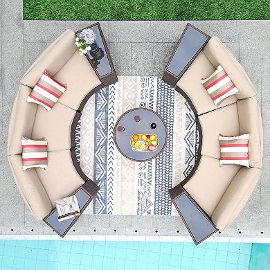 11 Piece Half Moon Patio Furniture Brown Wicker Sofa Beige Cushions With 4 Side Table And 4 Pillows