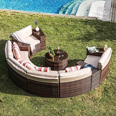 11 Piece Half Moon Patio Furniture Brown Wicker Sofa Beige Cushions With 4 Side Table And 4 Pillows