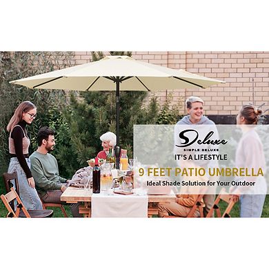 Deluxe 9 Ft Outdoor Market Table Patio Umbrella With Button Tilt, Crank