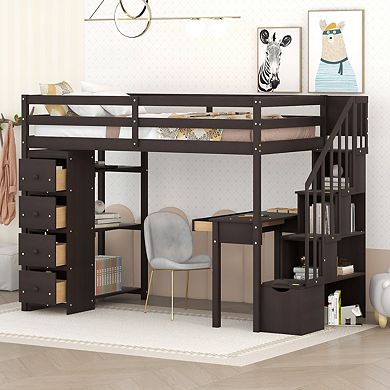 Twin Size Loft Bed With Storage Drawers, Desk And Stairs, Wooden Loft Bed With Shelves