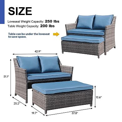 Outdoor Patio Furniture Wicker Love-seat And Coffee Table Set, With Built-in Storage Bin