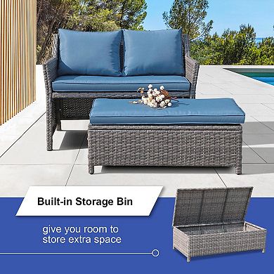 Outdoor Patio Furniture Wicker Love-seat And Coffee Table Set, With Built-in Storage Bin