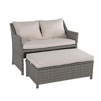 Outdoor Patio Furniture Wicker Love-seat And Coffee Table Set, With Built-in Storage Bin
