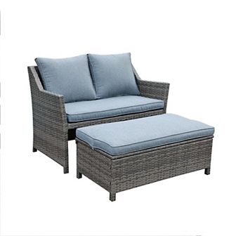 Outdoor Patio Furniture Wicker Love-seat And Coffee Table Set, With Built-in Storage Bin