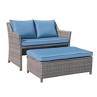 Outdoor Patio Furniture Wicker Love-seat And Coffee Table Set, With Built-in Storage Bin