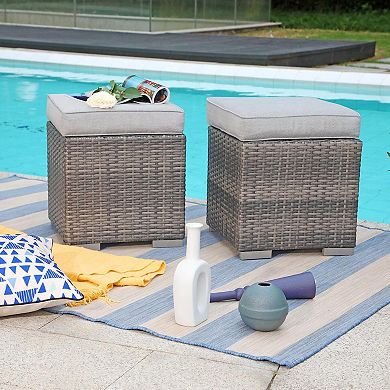2 Pieces Assembled Outdoor Patio Rattan Wicker Ottoman Stools