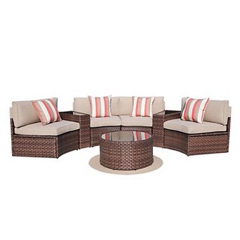 7 pc Half Moon Patio Furniture Brown Wicker Sofa Beige Cushions With 4 Side Table And 4 Pillows