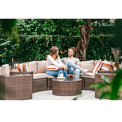 7 Piece Half Moon Patio Furniture Brown Wicker Sofa Beige Cushions With 4 Side Table And 4 Pillows