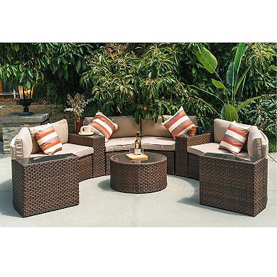 7 Piece Half Moon Patio Furniture Brown Wicker Sofa Beige Cushions With 4 Side Table And 4 Pillows