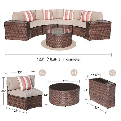 7 Piece Half Moon Patio Furniture Brown Wicker Sofa Beige Cushions With 4 Side Table And 4 Pillows