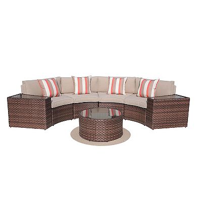 7 Piece Half Moon Patio Furniture Brown Wicker Sofa Beige Cushions With 4 Side Table And 4 Pillows