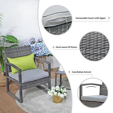 3 Pieces Outdoor Patio Furniture Set, Patio Rattan Chair Set, Modern Bistro Set With Coffee Table