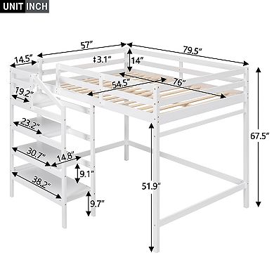 Full Size Loft Bed With Built-in Storage Staircase And Hanger For Clothes
