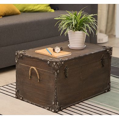 Distressed Wooden Vintage Industrial Style Decorative Trunk with Lockable Latch