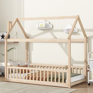 Twin House Bed With Guardrails, Slats, Natural
