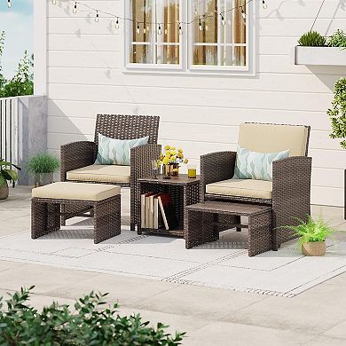 5 Piece Patio Furniture Set, Wicker Outdoor Conversation Chair And Ottoman Set With Coffee Table