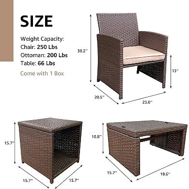 5 Piece Patio Furniture Set, Wicker Outdoor Conversation Chair And Ottoman Set With Coffee Table