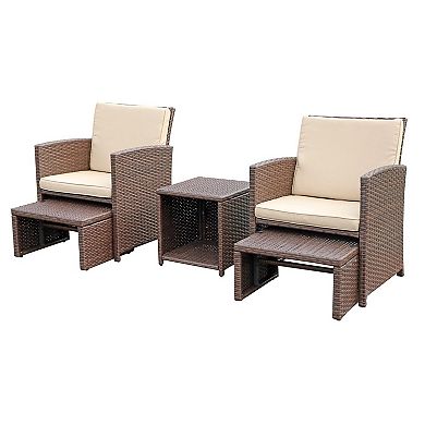 5 Piece Patio Furniture Set, Wicker Outdoor Conversation Chair And Ottoman Set With Coffee Table