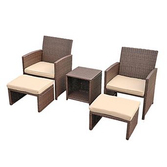5 pc Patio Furniture Set, Wicker Outdoor Conversation Chair And Ottoman Set With Coffee Table