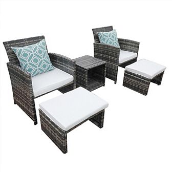 5 pc Patio Furniture Set, Wicker Outdoor Conversation Chair And Ottoman Set With Coffee Table